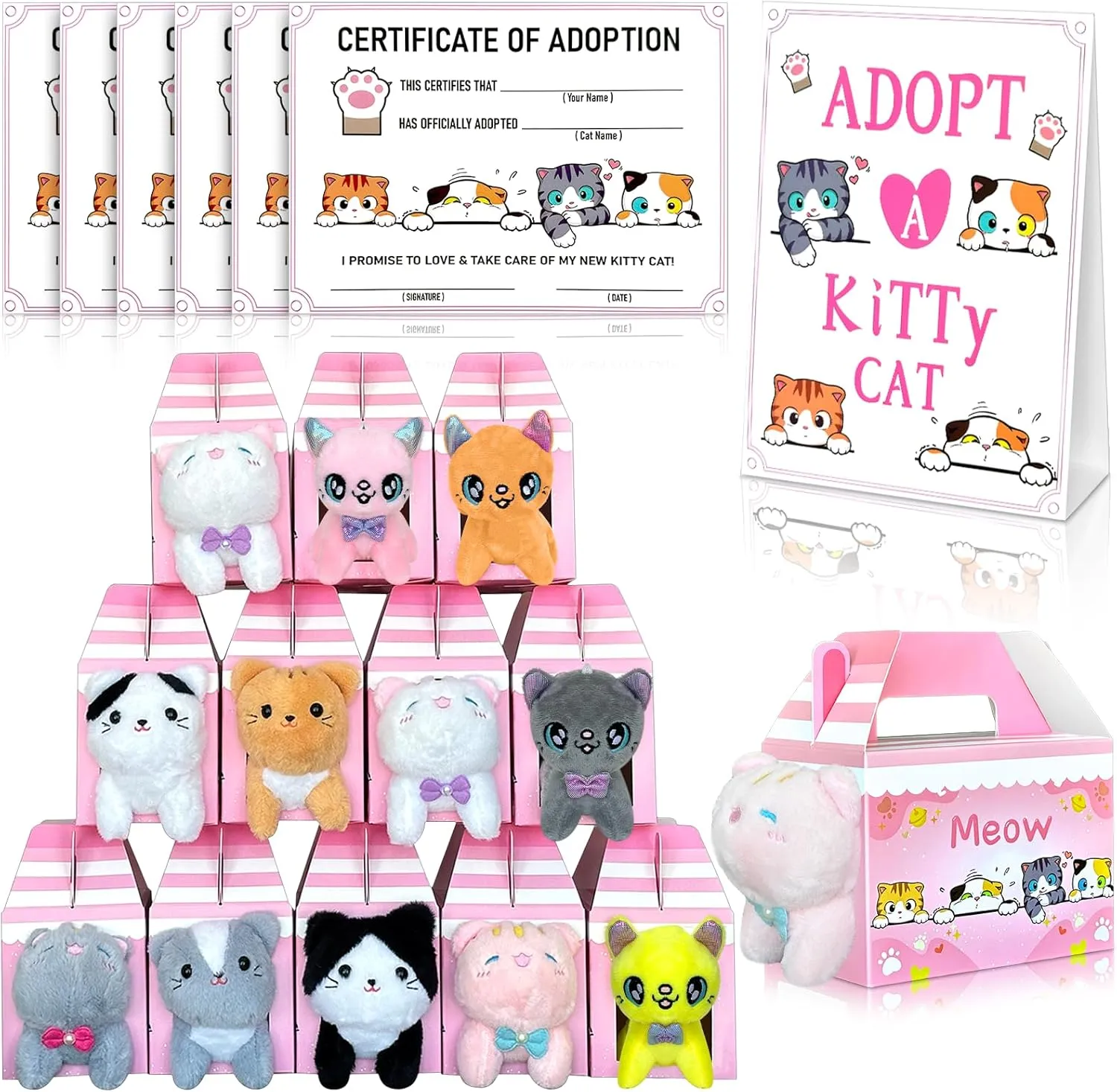 37 Pcs Adopt A Cat Party Favors Include 12 Foldable Kitten Boxes 12 Mini Stuffed Cat 12 Card 1 Stand for Adopt A Kitty Party Favors Cat Party Supplies Gifts