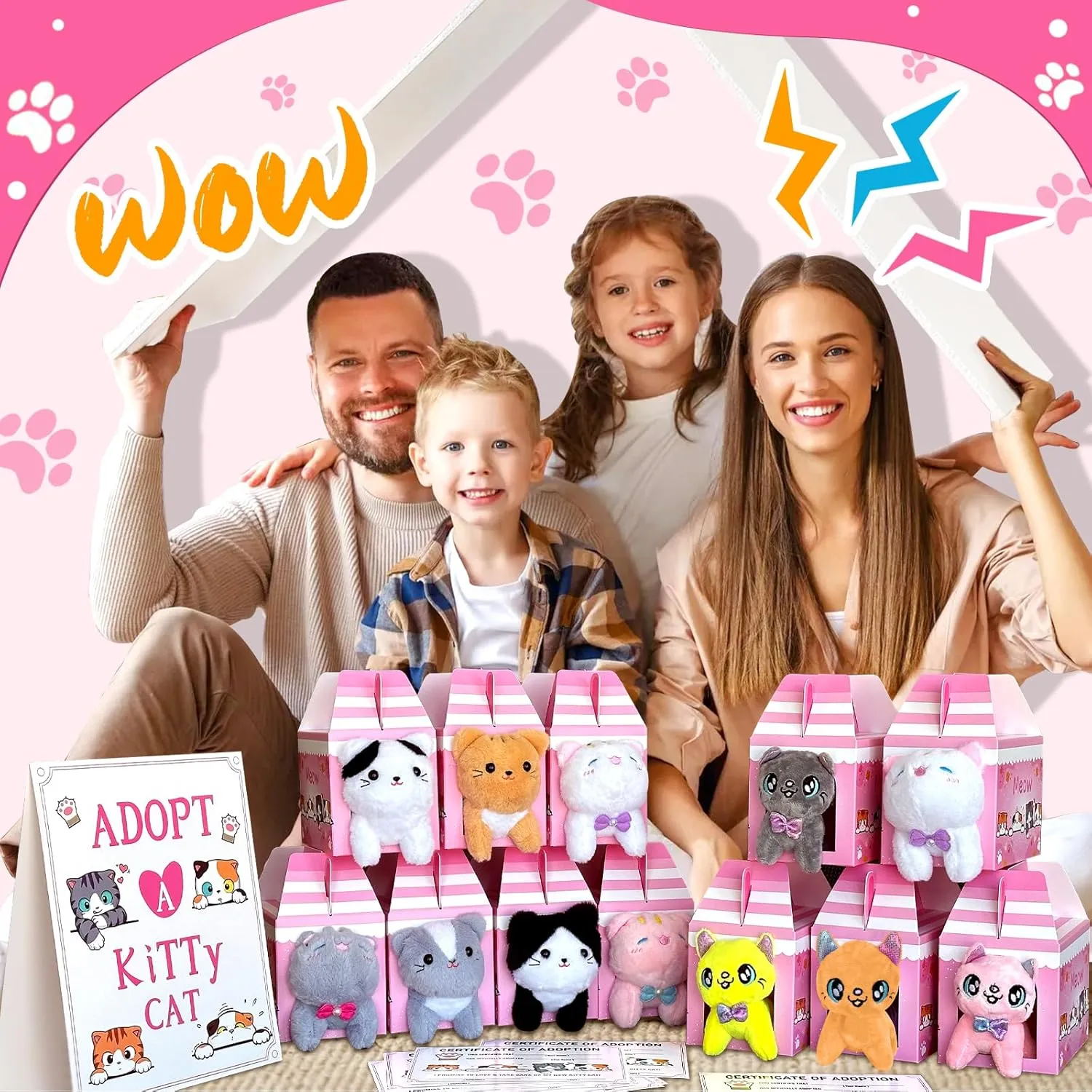 37 Pcs Adopt A Cat Party Favors Include 12 Foldable Kitten Boxes 12 Mini Stuffed Cat 12 Card 1 Stand for Adopt A Kitty Party Favors Cat Party Supplies Gifts