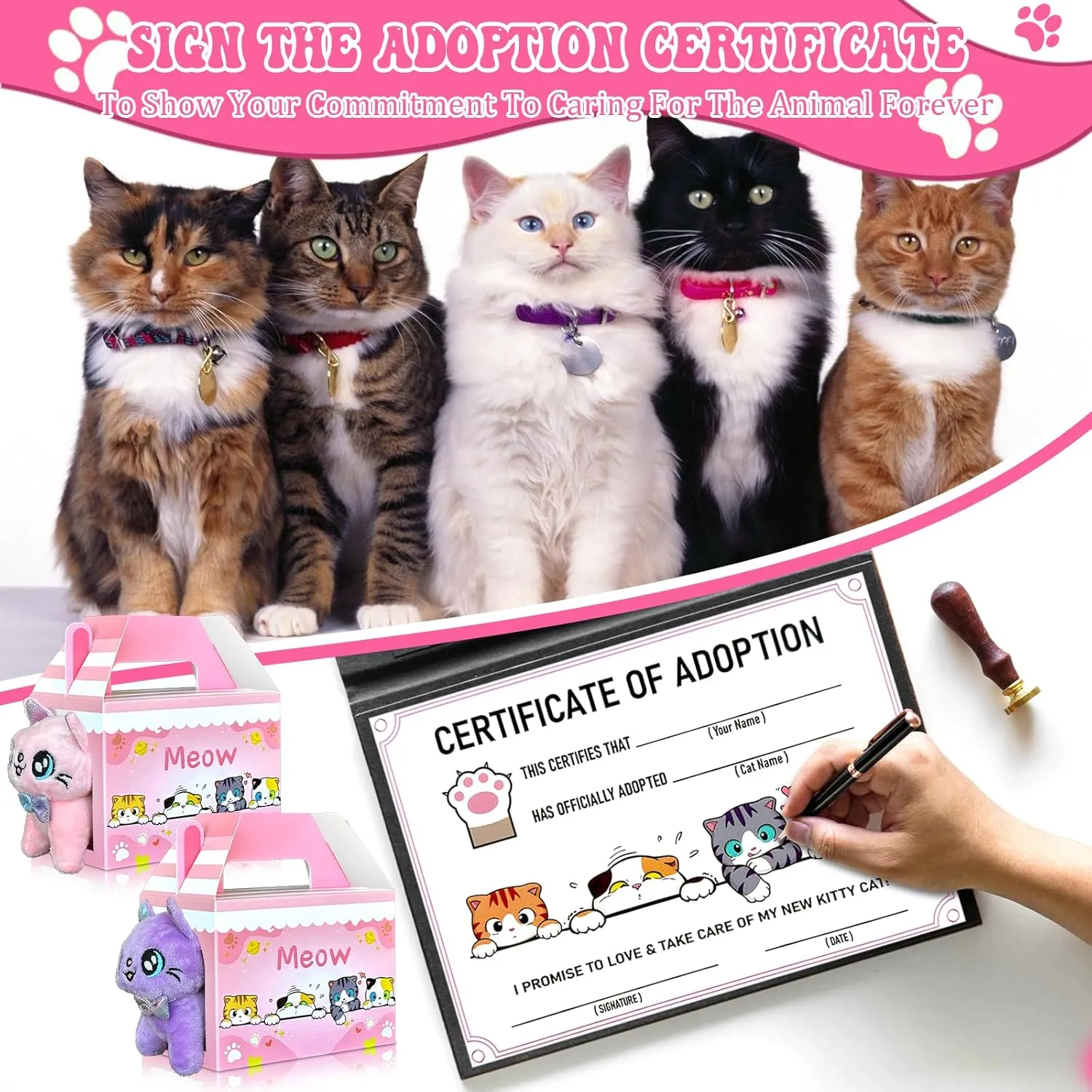 37 Pcs Adopt A Cat Party Favors Include 12 Foldable Kitten Boxes 12 Mini Stuffed Cat 12 Card 1 Stand for Adopt A Kitty Party Favors Cat Party Supplies Gifts