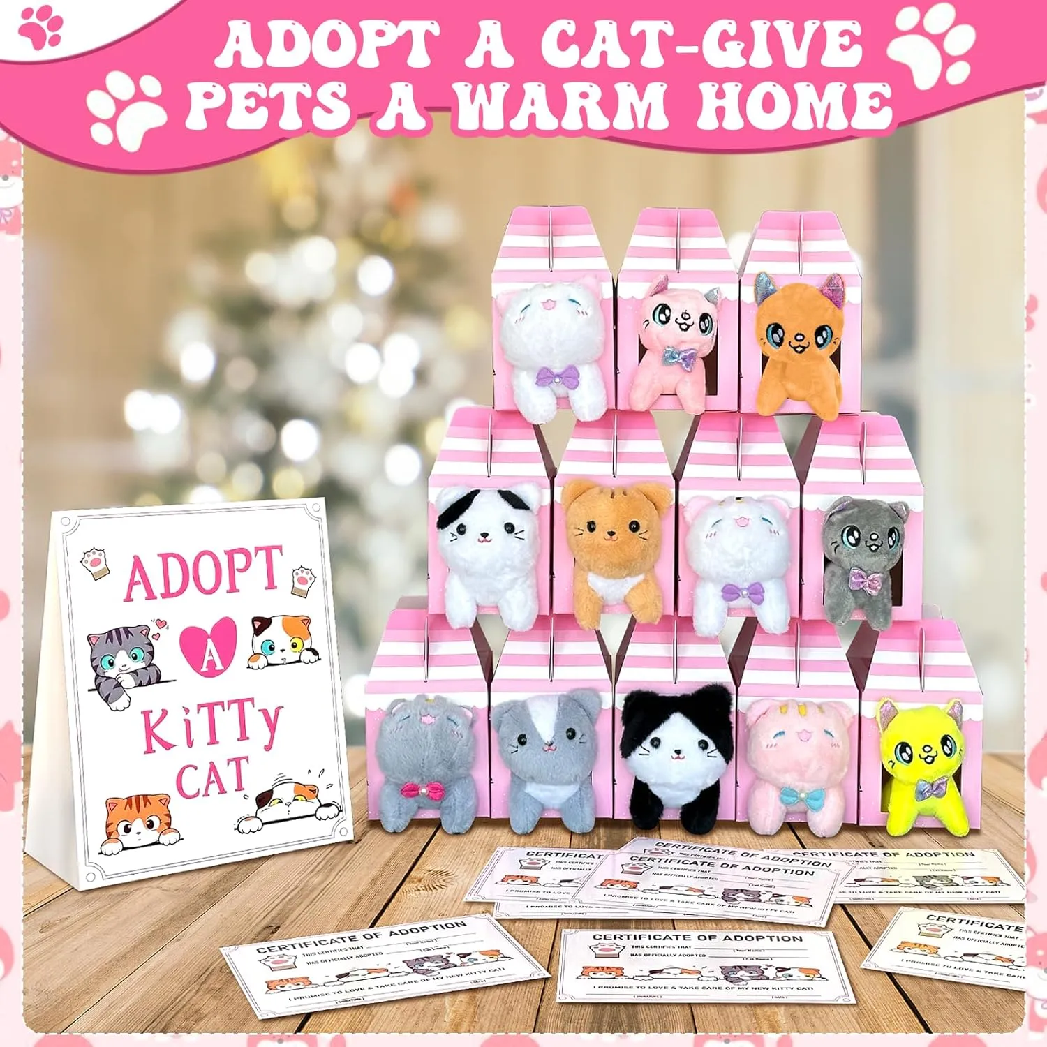 37 Pcs Adopt A Cat Party Favors Include 12 Foldable Kitten Boxes 12 Mini Stuffed Cat 12 Card 1 Stand for Adopt A Kitty Party Favors Cat Party Supplies Gifts