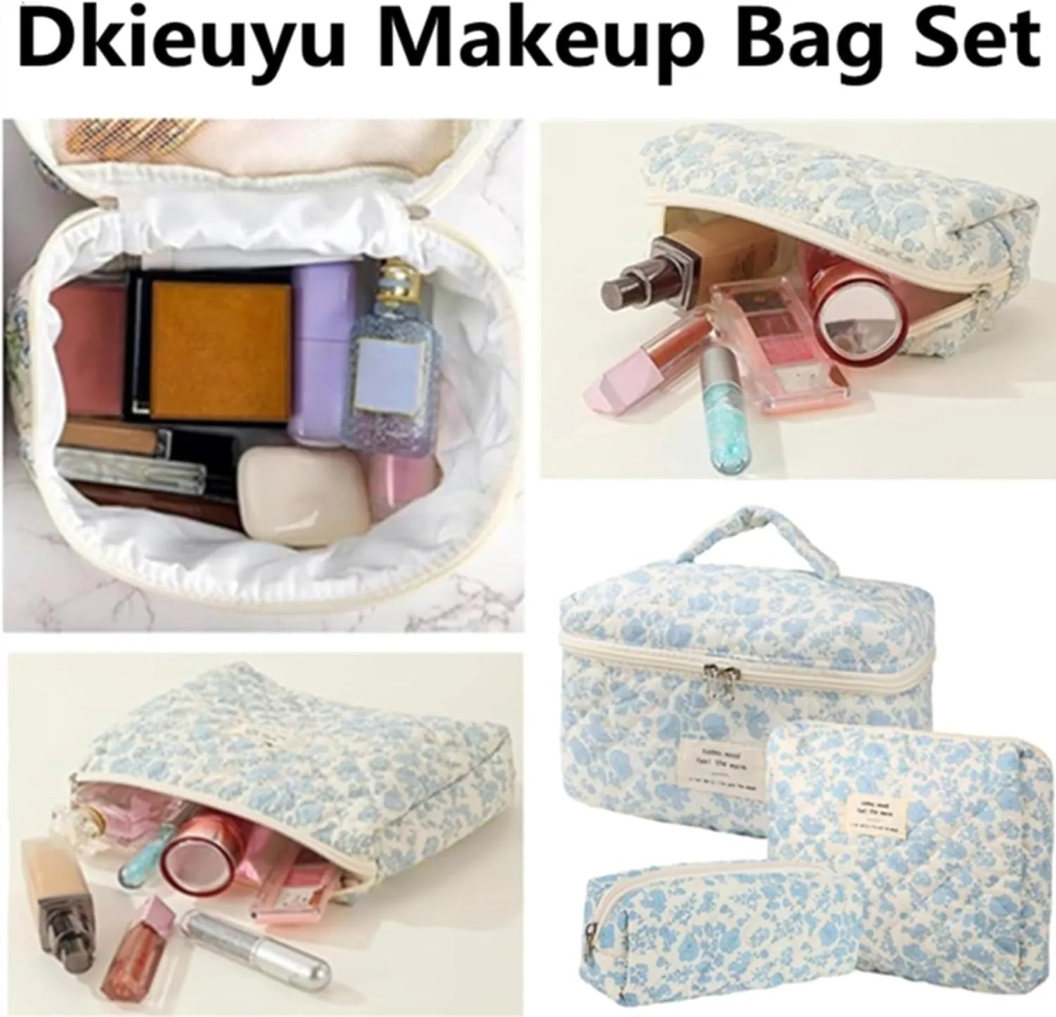 3Pcs Cotton Quilted Makeup Bag Set, Cute Floral Makeup Bags, Large Travel Coquette Make up Bag Cosmetic Bag Toiletry Organizer Bag for Women Girls (A)