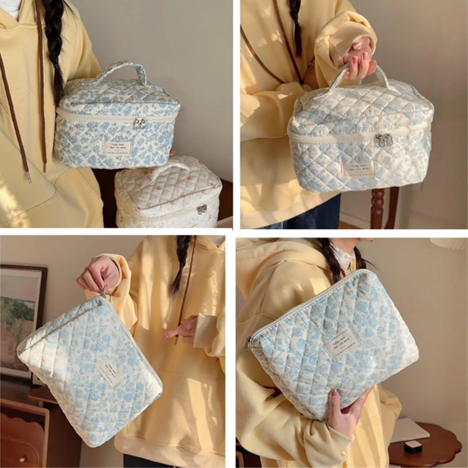 3Pcs Cotton Quilted Makeup Bag Set, Cute Floral Makeup Bags, Large Travel Coquette Make up Bag Cosmetic Bag Toiletry Organizer Bag for Women Girls (A)