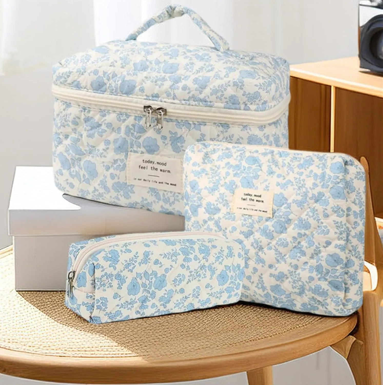 3Pcs Cotton Quilted Makeup Bag Set, Cute Floral Makeup Bags, Large Travel Coquette Make up Bag Cosmetic Bag Toiletry Organizer Bag for Women Girls (A)