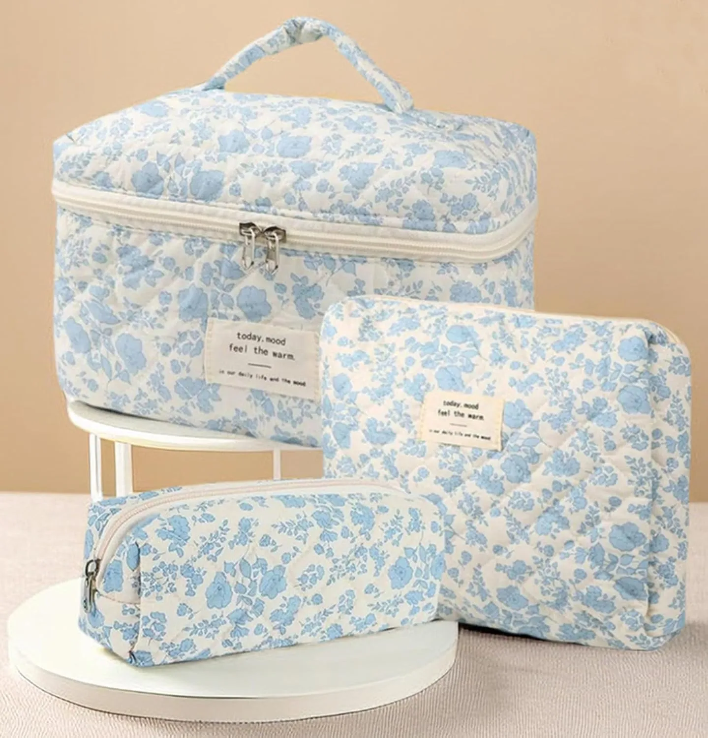 3Pcs Cotton Quilted Makeup Bag Set, Cute Floral Makeup Bags, Large Travel Coquette Make up Bag Cosmetic Bag Toiletry Organizer Bag for Women Girls (A)