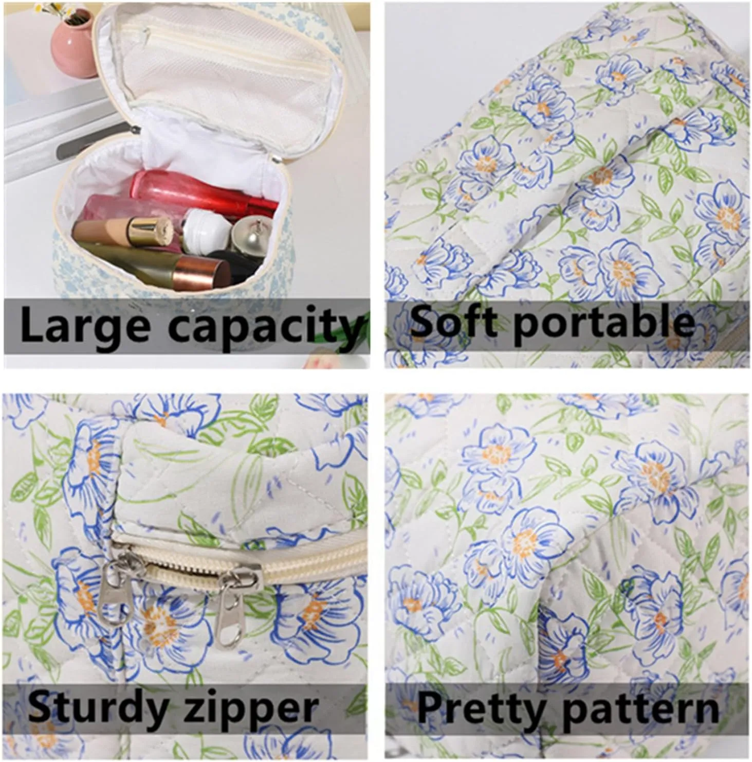 3Pcs Cotton Quilted Makeup Bag Set, Cute Floral Makeup Bags, Large Travel Coquette Make up Bag Cosmetic Bag Toiletry Organizer Bag for Women Girls (A)