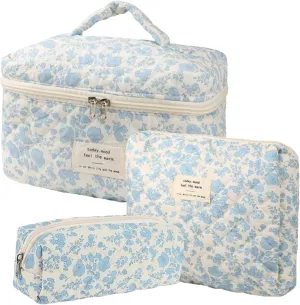 3Pcs Cotton Quilted Makeup Bag Set, Cute Floral Makeup Bags, Large Travel Coquette Make up Bag Cosmetic Bag Toiletry Organizer Bag for Women Girls (A)