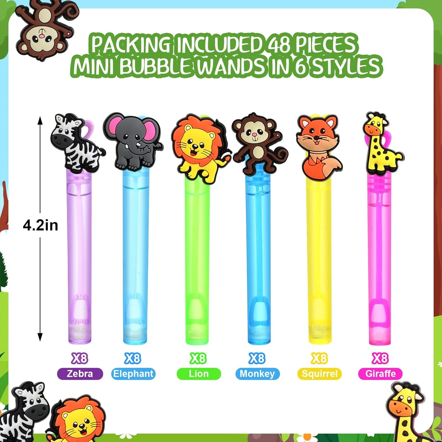 48 Pieces Jungle Animal Bubble Wands Safari Party Favors Mini Bubble Wands 6 Styles Wild Zoo Theme Party Decorations for Baby Shower Goodie Bag Filler (Jungle Animals)