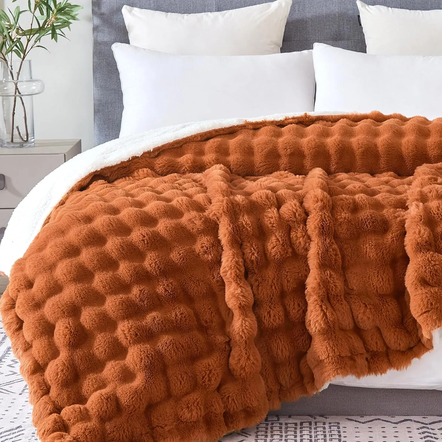 60x80 Inches Ultra-Soft Fuzzy Faux Fur Plush Twin Size Blanket - Thick, Warm Sherpa for Couch, Sofa, Bedroom, Camping - Decorative Blanket for Cozy Warmth, Bubble Dark Brown