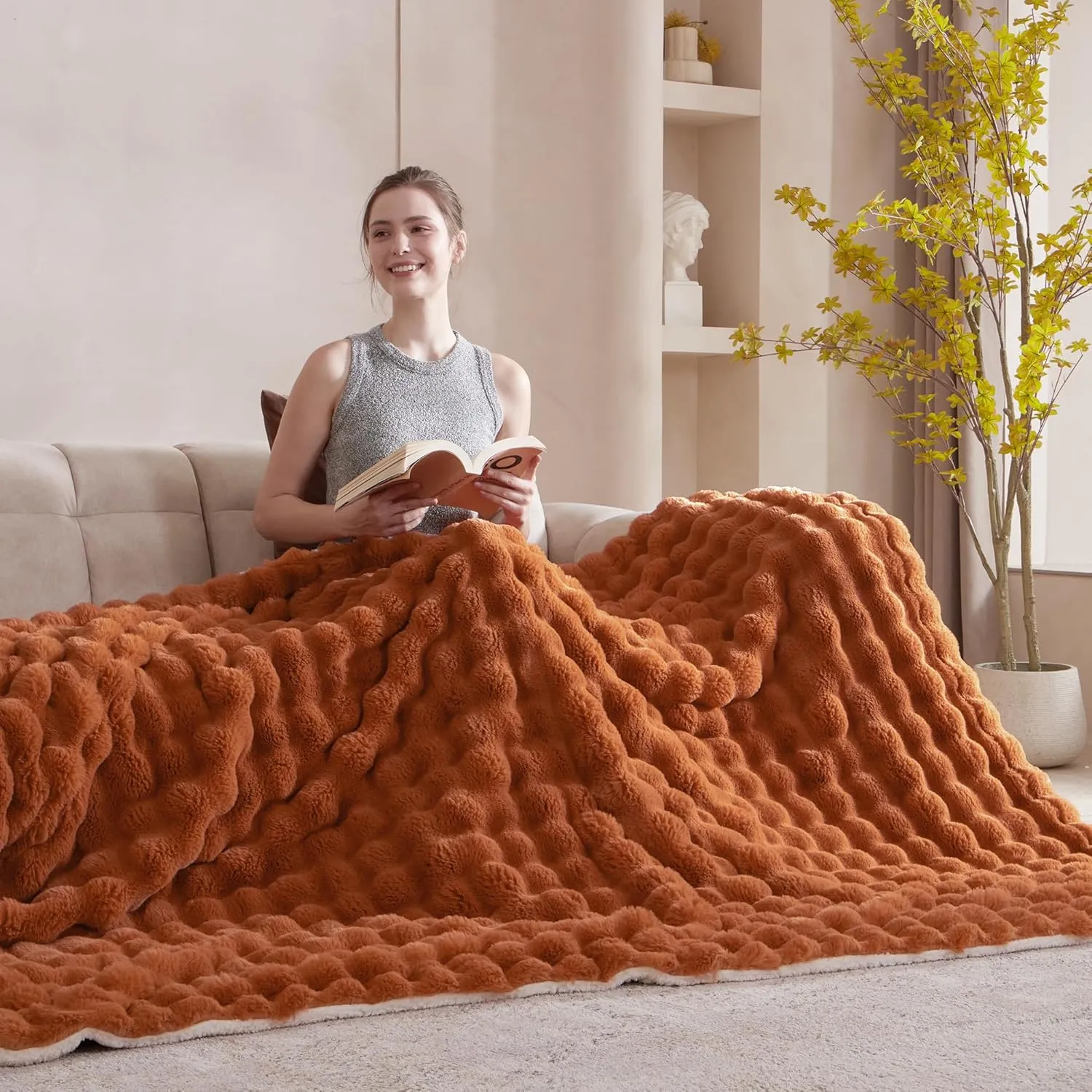 60x80 Inches Ultra-Soft Fuzzy Faux Fur Plush Twin Size Blanket - Thick, Warm Sherpa for Couch, Sofa, Bedroom, Camping - Decorative Blanket for Cozy Warmth, Bubble Dark Brown