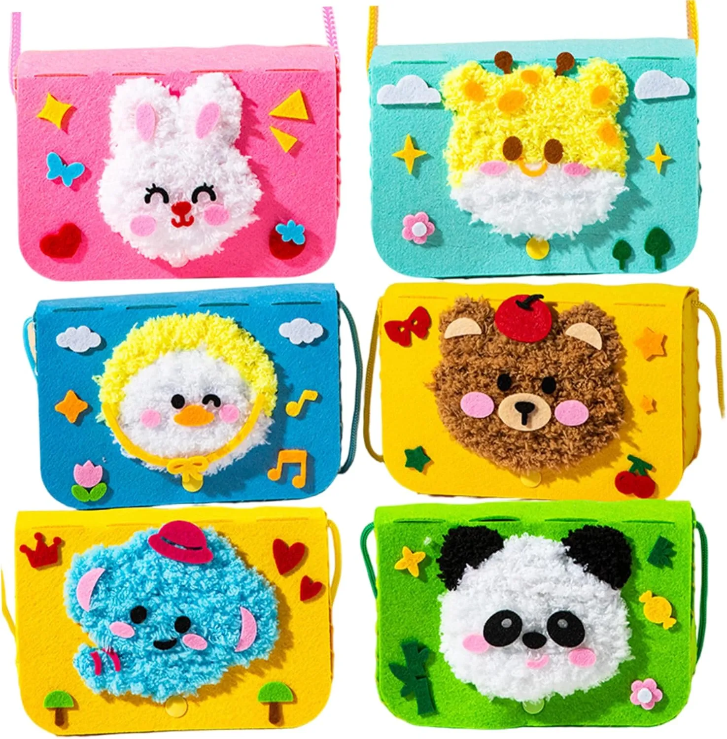 6Pcs DIY Embroidery Doll Set Crossbody Bag Shaped Embroidery Kit for Kids Includes Bunny, Deer, Elephant, Duck, Bear & Panda Educational Fine Motor Toys for Home, Preschool