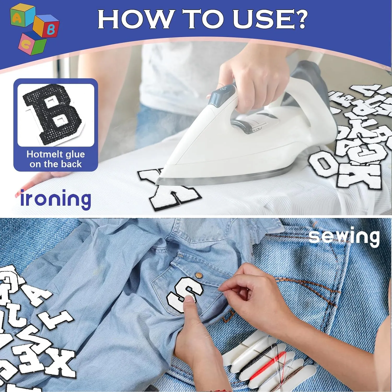 78 Pcs 2.7 Inch Chenille Letter Iron On Patches Sew On Chenille Varsity Letter Patches A-Z, Washable Fabric Letters for DIY Clothing Repairing Hats Shirts Shoes Jeans Bags(White)