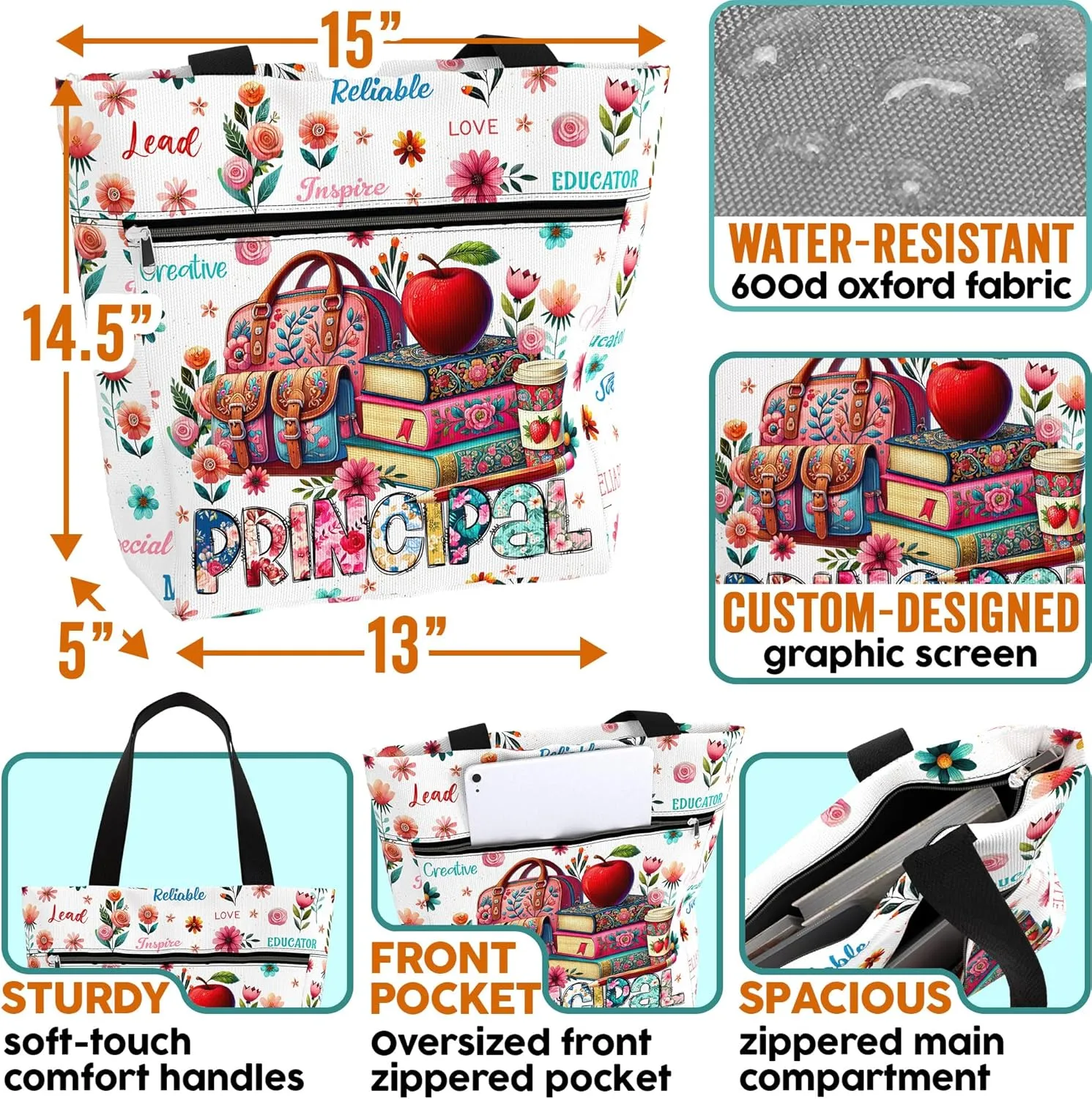84hoods Large Tote Bag for Women. Waterproof Bag with Pockets and Zipper. Gift for Principal.
