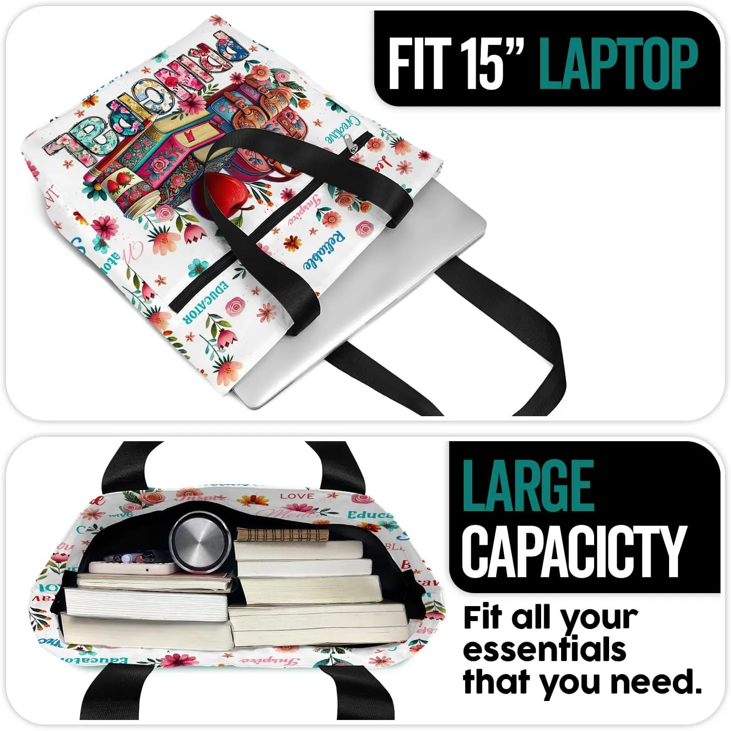 84hoods Large Tote Bag for Women. Waterproof Bag with Pockets and Zipper. Gift for Principal.