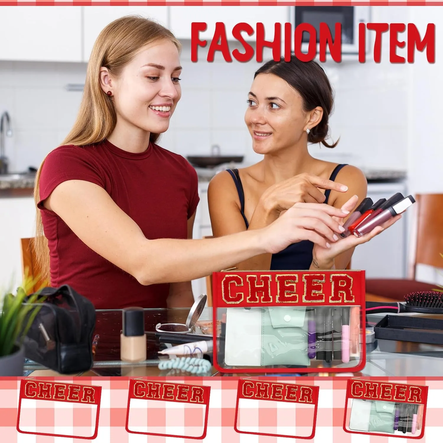 Abbylike 4 Pcs Cheer Makeup Bag Cheerleader Clear Letter Chenille Patch Bag Nylon Makeup Toiletry Pouch with Zipper for Cheerleading Team Women Gifts(Red,Cheer)
