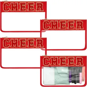Abbylike 4 Pcs Cheer Makeup Bag Cheerleader Clear Letter Chenille Patch Bag Nylon Makeup Toiletry Pouch with Zipper for Cheerleading Team Women Gifts(Red,Cheer)