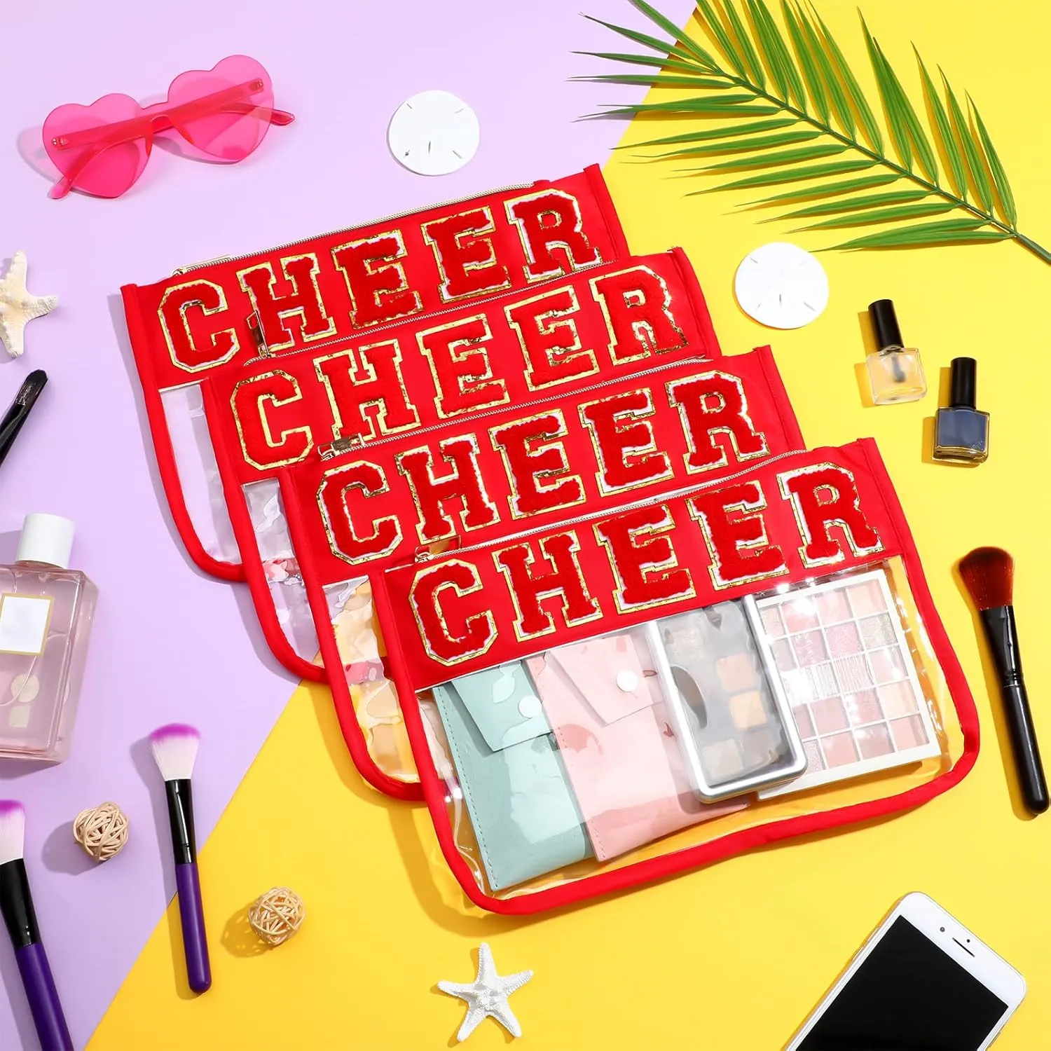 Abbylike 4 Pcs Cheer Makeup Bag Cheerleader Clear Letter Chenille Patch Bag Nylon Makeup Toiletry Pouch with Zipper for Cheerleading Team Women Gifts(Red,Cheer)