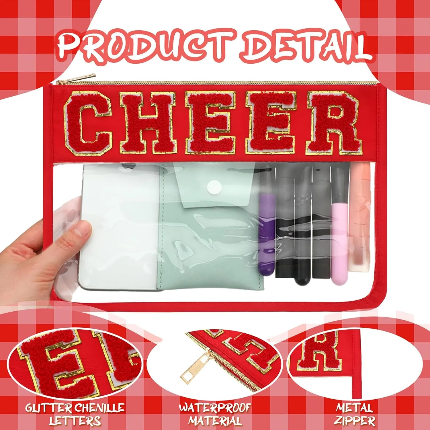 Abbylike 4 Pcs Cheer Makeup Bag Cheerleader Clear Letter Chenille Patch Bag Nylon Makeup Toiletry Pouch with Zipper for Cheerleading Team Women Gifts(Red,Cheer)