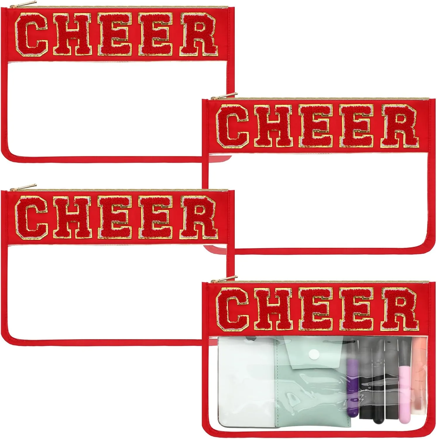 Abbylike 4 Pcs Cheer Makeup Bag Cheerleader Clear Letter Chenille Patch Bag Nylon Makeup Toiletry Pouch with Zipper for Cheerleading Team Women Gifts(Red,Cheer)