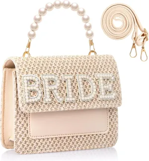 Abbylike Bride Purse Bridal Beach Straw Bag with Pearls Handle Clutch Purse Women Gifts for Wedding Bachelorette Honeymoon