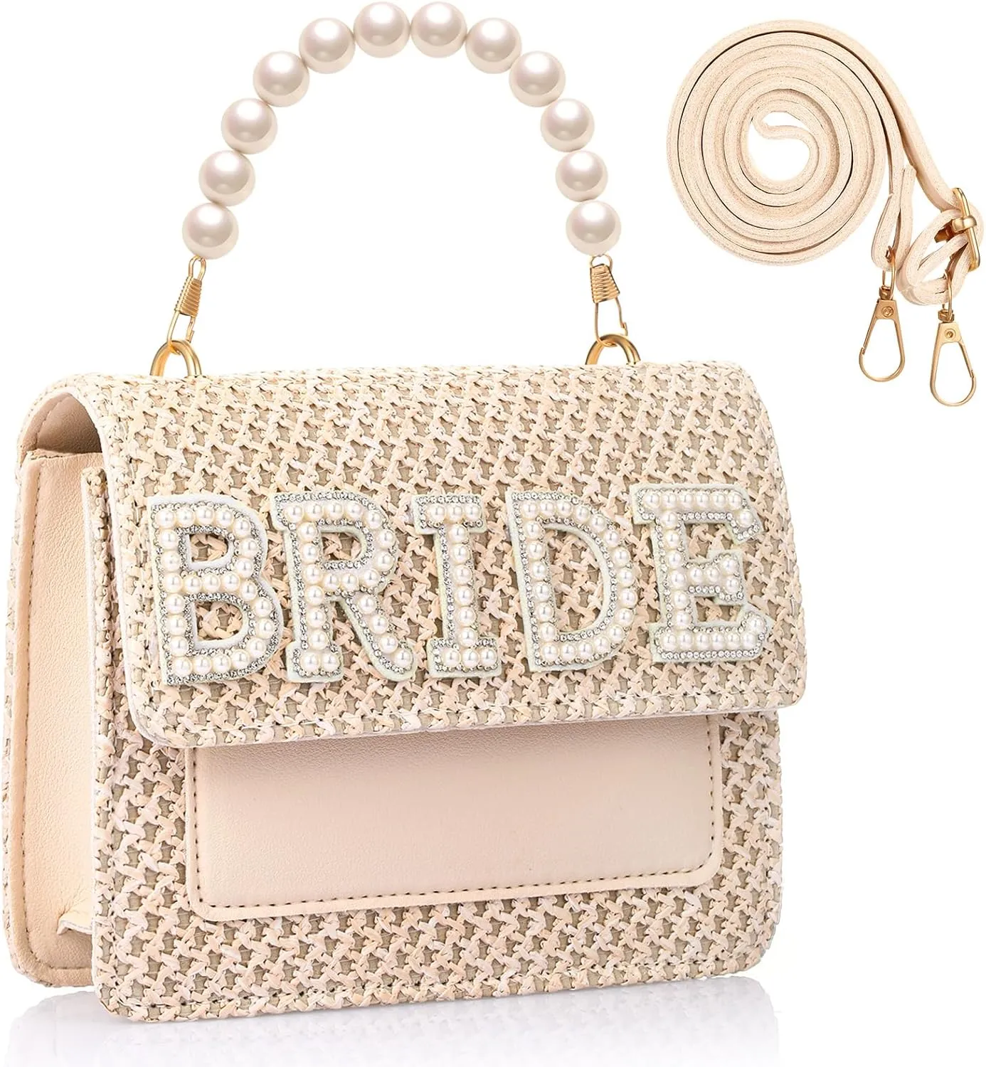 Abbylike Bride Purse Bridal Beach Straw Bag with Pearls Handle Clutch Purse Women Gifts for Wedding Bachelorette Honeymoon