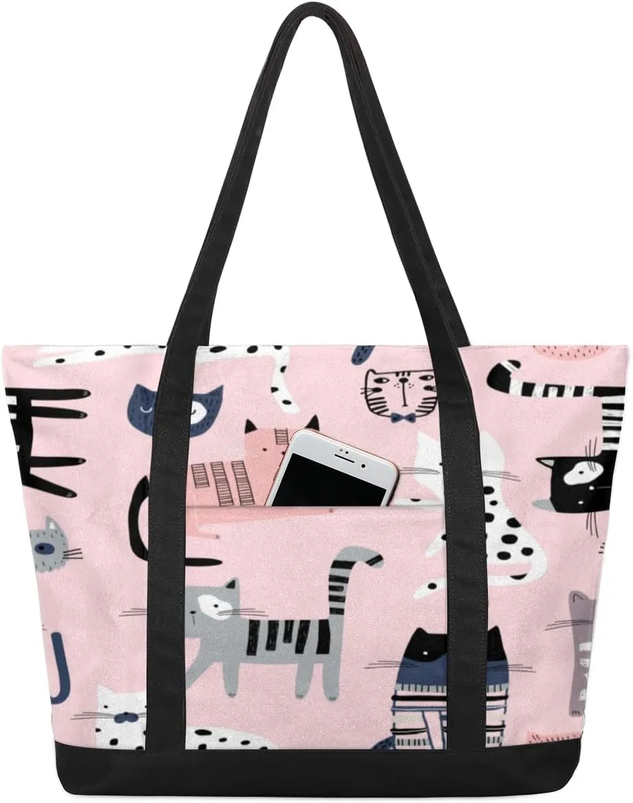 Abstraction Cat Pattern Tote Bag Tote Bag for Women Reusable Grocery Shopping Cloth Bags with Zipper Large Capacity Foldable Handbag Gym Bag for Gift Activity