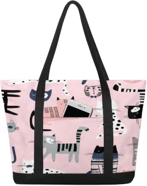 Abstraction Cat Pattern Tote Bag Tote Bag for Women Reusable Grocery Shopping Cloth Bags with Zipper Large Capacity Foldable Handbag Gym Bag for Gift Activity