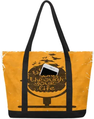 Abstraction Microphone Motto Tote Bag Tote Bag for Women Reusable Grocery Shopping Cloth Bags with Zipper Large Capacity Foldable Handbag Gym Bag for Gift Activity