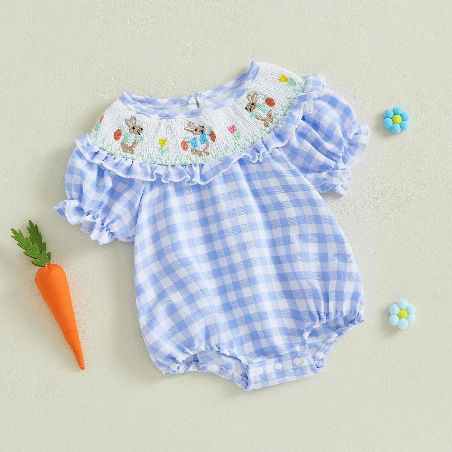 Adobabirl Baby Girl Easter Outfit Bunny Embroidery Smocked Bubble Romper Plaid Short Sleeve Bodysuit Cute Summer Clothes