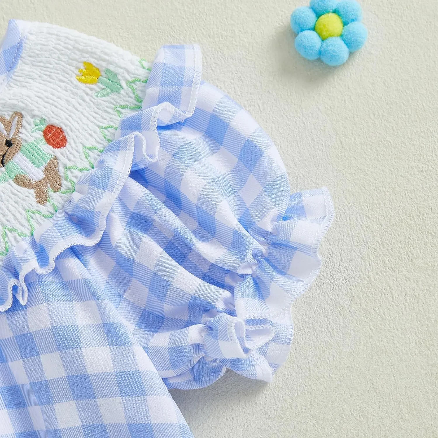 Adobabirl Baby Girl Easter Outfit Bunny Embroidery Smocked Bubble Romper Plaid Short Sleeve Bodysuit Cute Summer Clothes