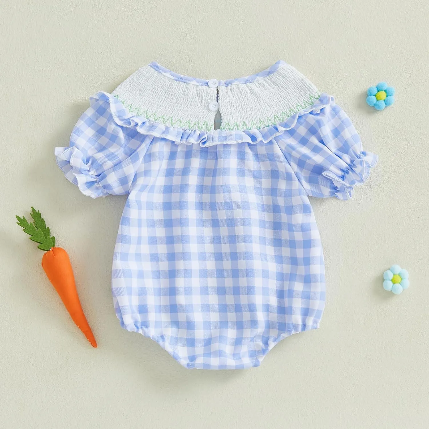 Adobabirl Baby Girl Easter Outfit Bunny Embroidery Smocked Bubble Romper Plaid Short Sleeve Bodysuit Cute Summer Clothes
