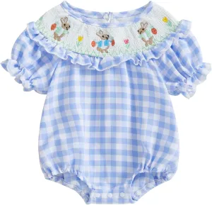 Adobabirl Baby Girl Easter Outfit Bunny Embroidery Smocked Bubble Romper Plaid Short Sleeve Bodysuit Cute Summer Clothes