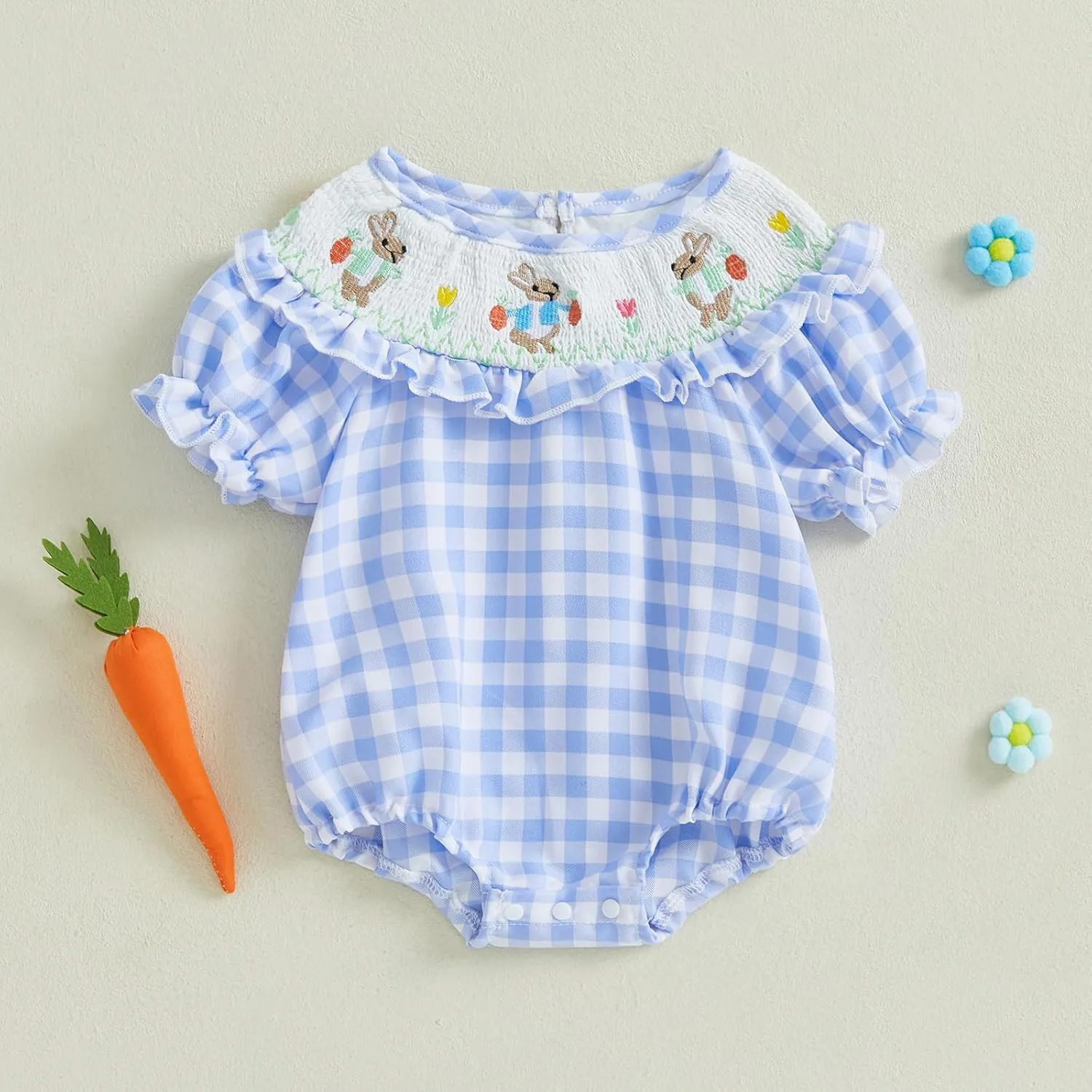 Adobabirl Baby Girl Easter Outfit Bunny Embroidery Smocked Bubble Romper Plaid Short Sleeve Bodysuit Cute Summer Clothes