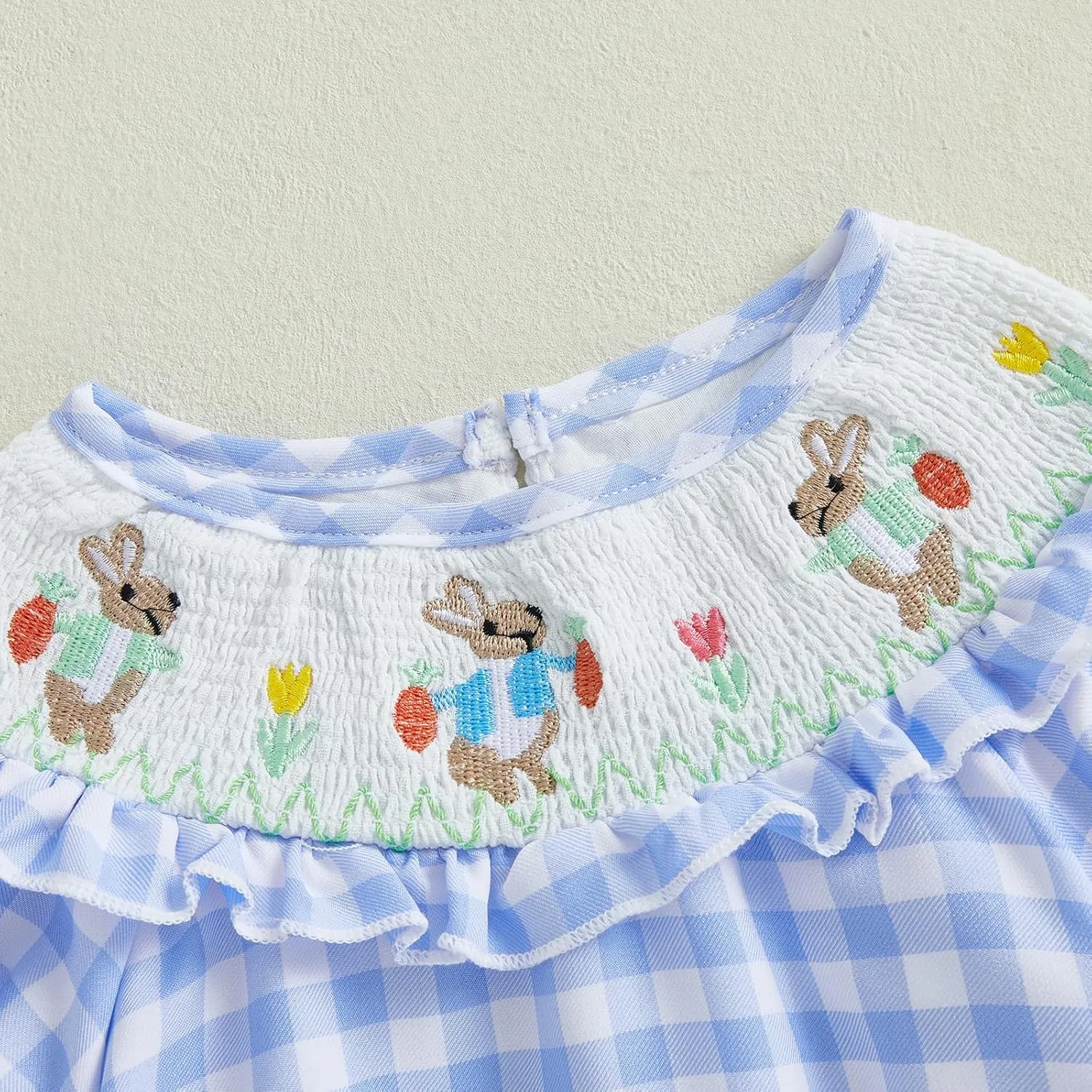 Adobabirl Baby Girl Easter Outfit Bunny Embroidery Smocked Bubble Romper Plaid Short Sleeve Bodysuit Cute Summer Clothes