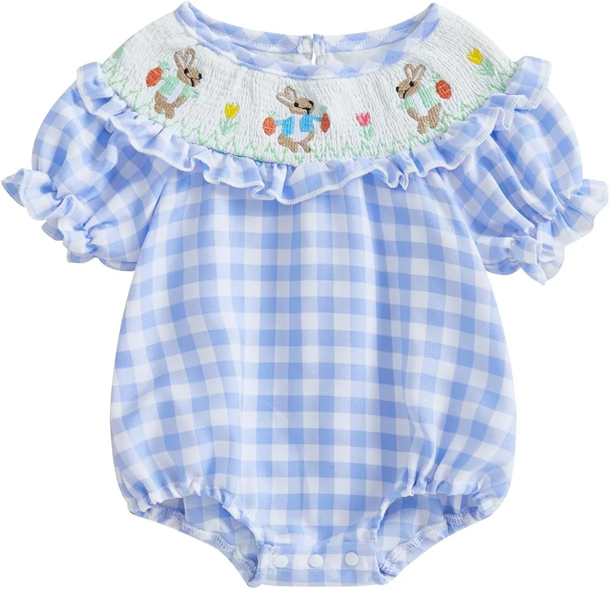 Adobabirl Baby Girl Easter Outfit Bunny Embroidery Smocked Bubble Romper Plaid Short Sleeve Bodysuit Cute Summer Clothes