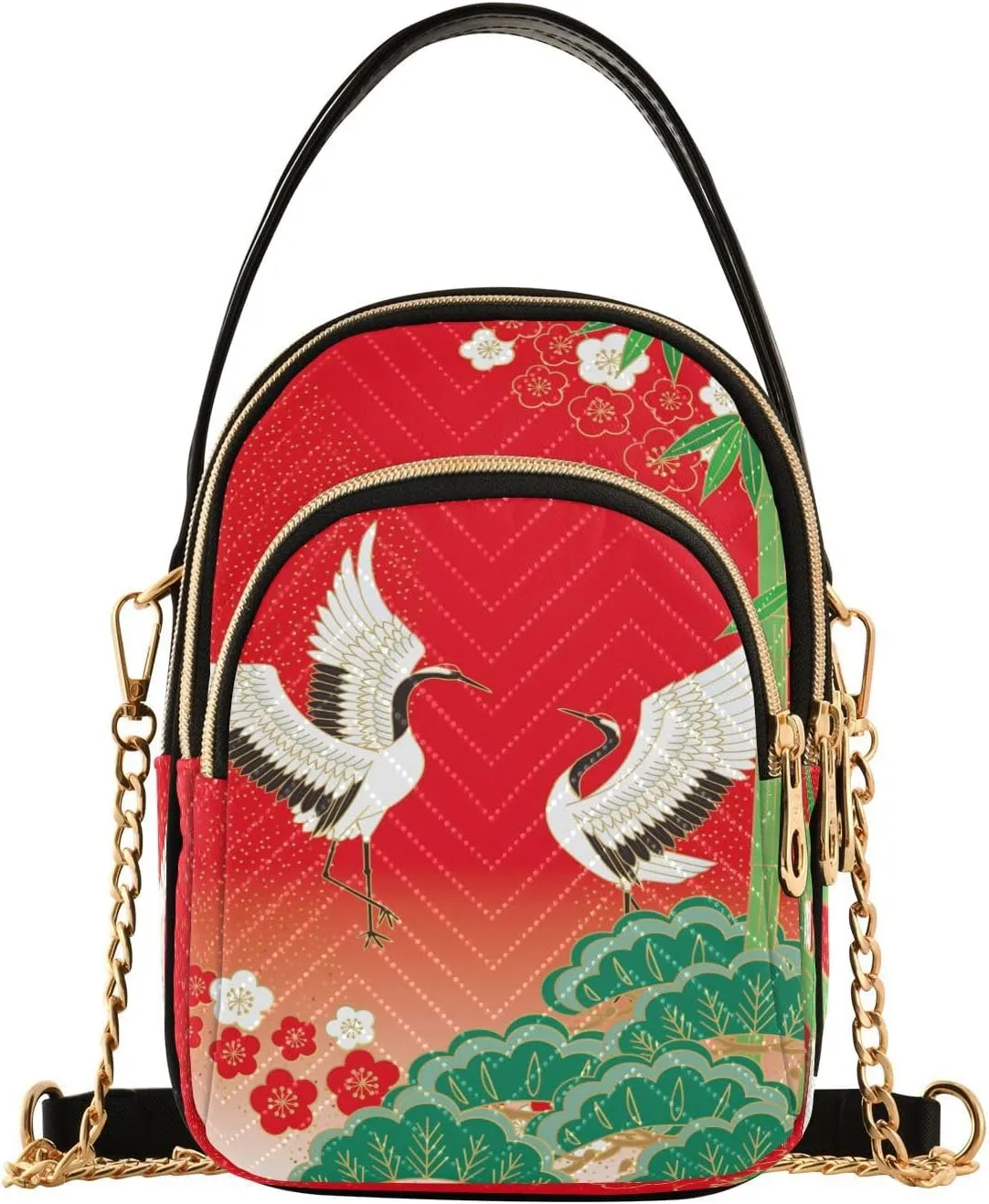 ALAZA Chain Crossbody Bags for Women Pine Plum and Crane Bird Quilted Shoulder Crossbody Handbags Travel Cross Body Cell Phone Purses Bags