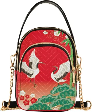 ALAZA Chain Crossbody Bags for Women Pine Plum and Crane Bird Quilted Shoulder Crossbody Handbags Travel Cross Body Cell Phone Purses Bags