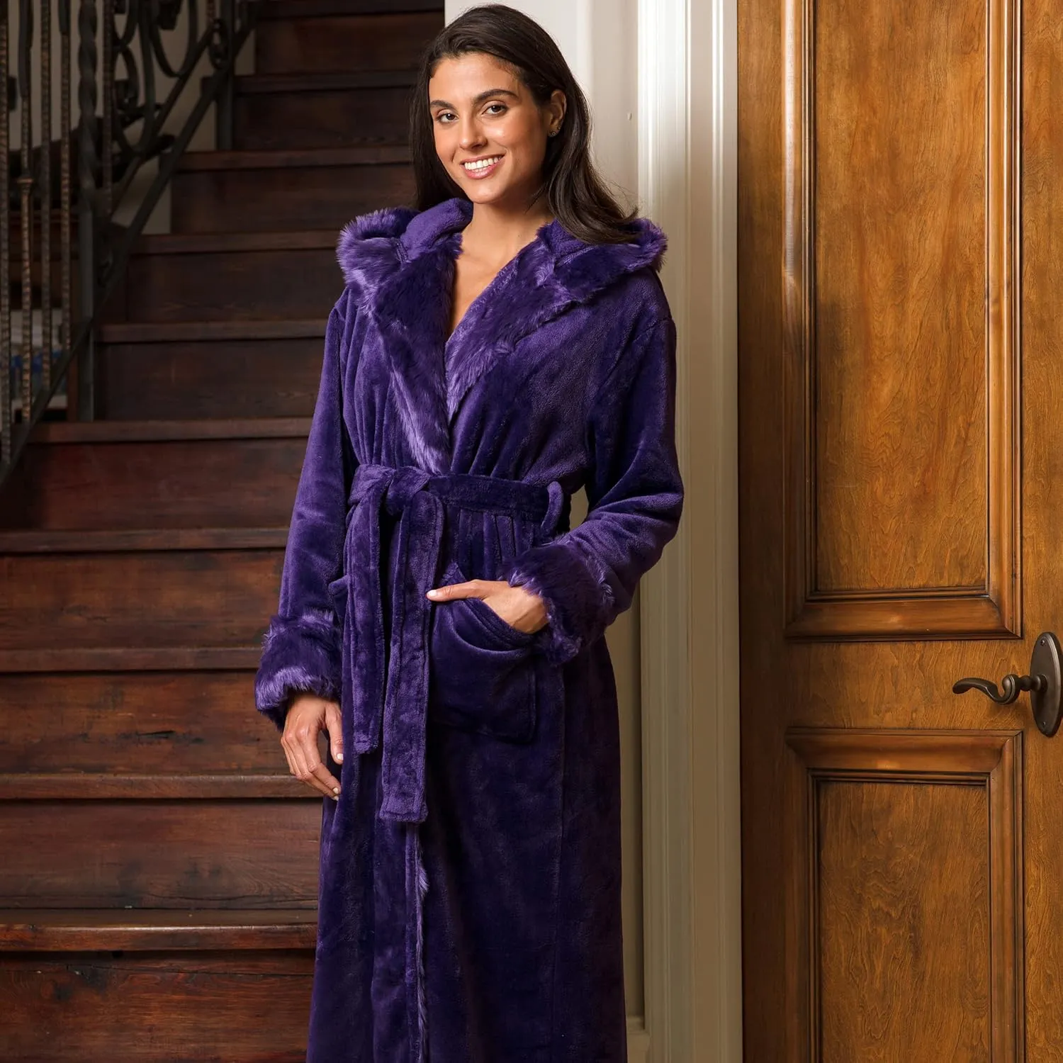 Alexander Del Rossa Faux Fur Robe, Thick Plush Robes for Women with Hood, Long Hooded Robes for