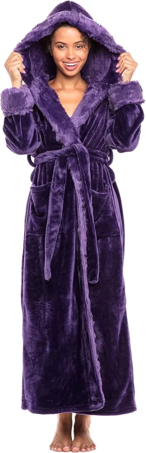 Alexander Del Rossa Faux Fur Robe, Thick Plush Robes for Women with Hood, Long Hooded Robes for