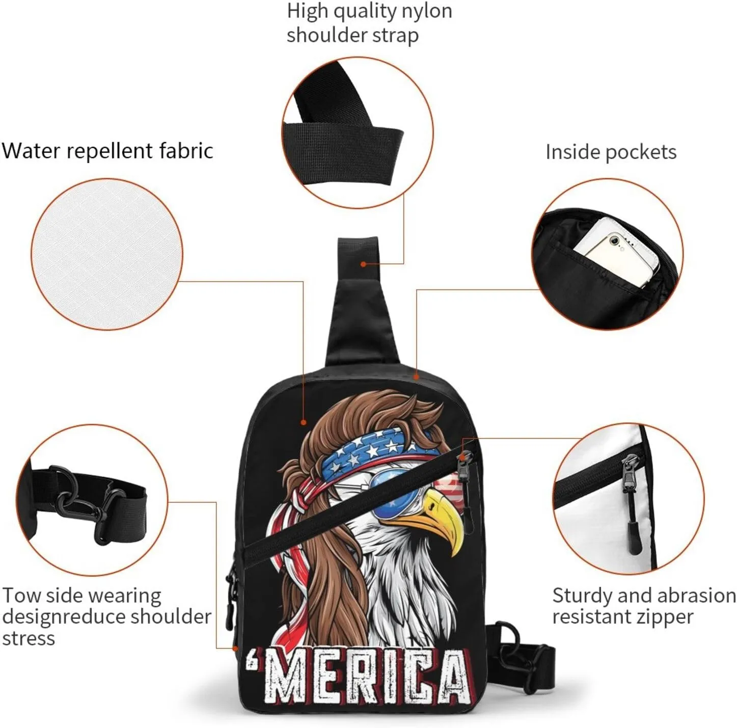 American Flag Bald Eagle Portable Sling Bags Packable Crossbody Bag Foldable Sport Daypack Reusable Shoulder Backpack Diagonally Chest Bag for Workout Travel