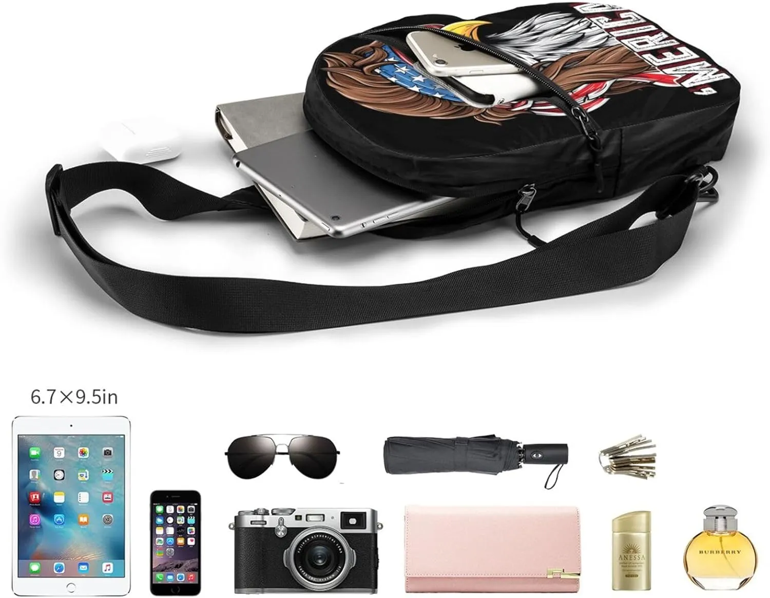 American Flag Bald Eagle Portable Sling Bags Packable Crossbody Bag Foldable Sport Daypack Reusable Shoulder Backpack Diagonally Chest Bag for Workout Travel