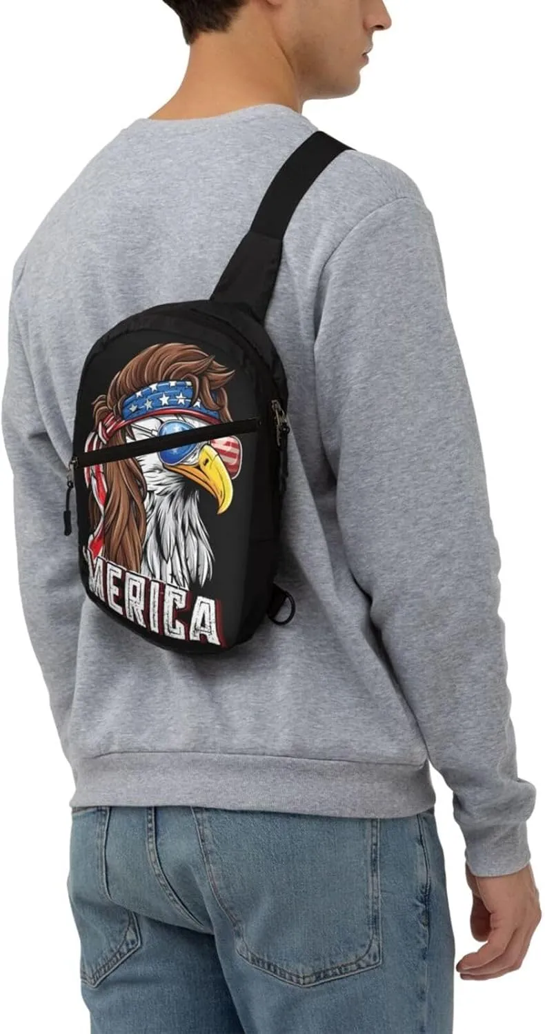 American Flag Bald Eagle Portable Sling Bags Packable Crossbody Bag Foldable Sport Daypack Reusable Shoulder Backpack Diagonally Chest Bag for Workout Travel