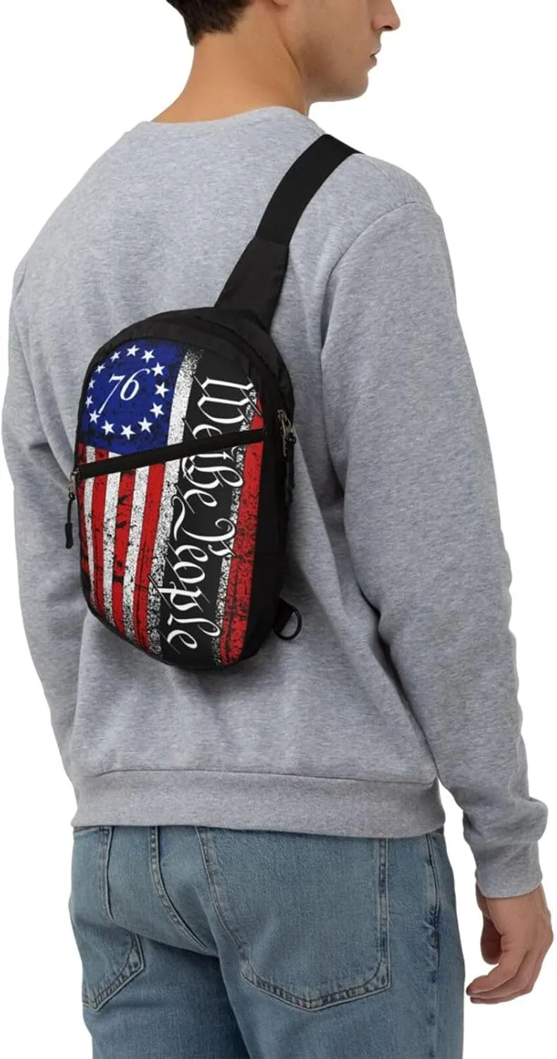 American Flag We The People Portable Sling Bags Packable Crossbody Bag Foldable Sport Daypack Reusable Shoulder Backpack Diagonally Chest Bag for Workout Travel