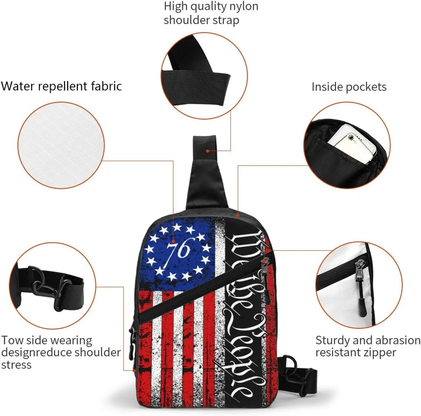 American Flag We The People Portable Sling Bags Packable Crossbody Bag Foldable Sport Daypack Reusable Shoulder Backpack Diagonally Chest Bag for Workout Travel