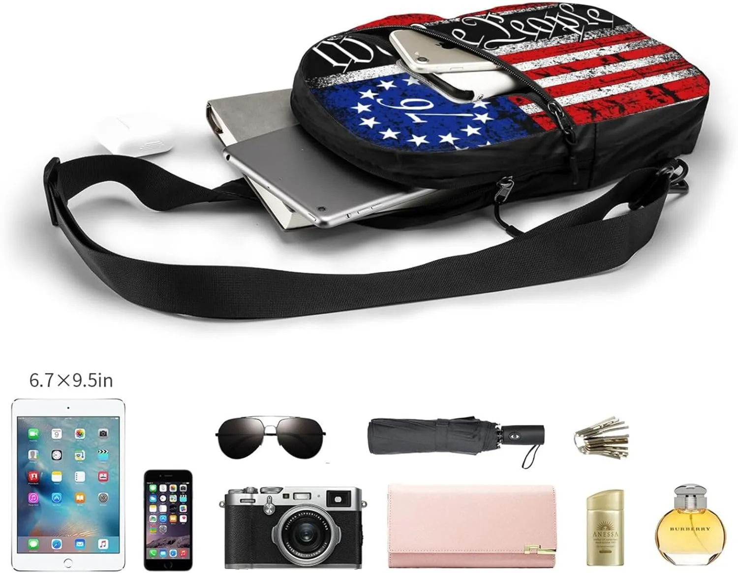 American Flag We The People Portable Sling Bags Packable Crossbody Bag Foldable Sport Daypack Reusable Shoulder Backpack Diagonally Chest Bag for Workout Travel