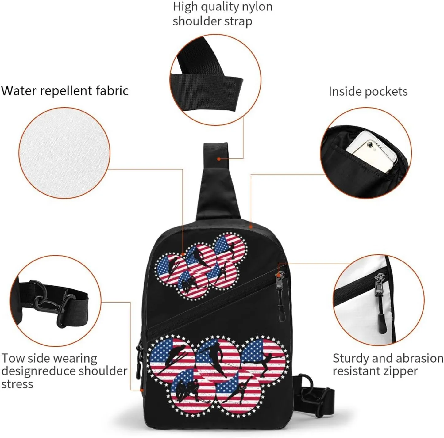 American Flag Winter Sport Games Portable Sling Bags Packable Crossbody Bag Foldable Sport Daypack Reusable Shoulder Backpack Diagonally Chest Bag for Workout Travel