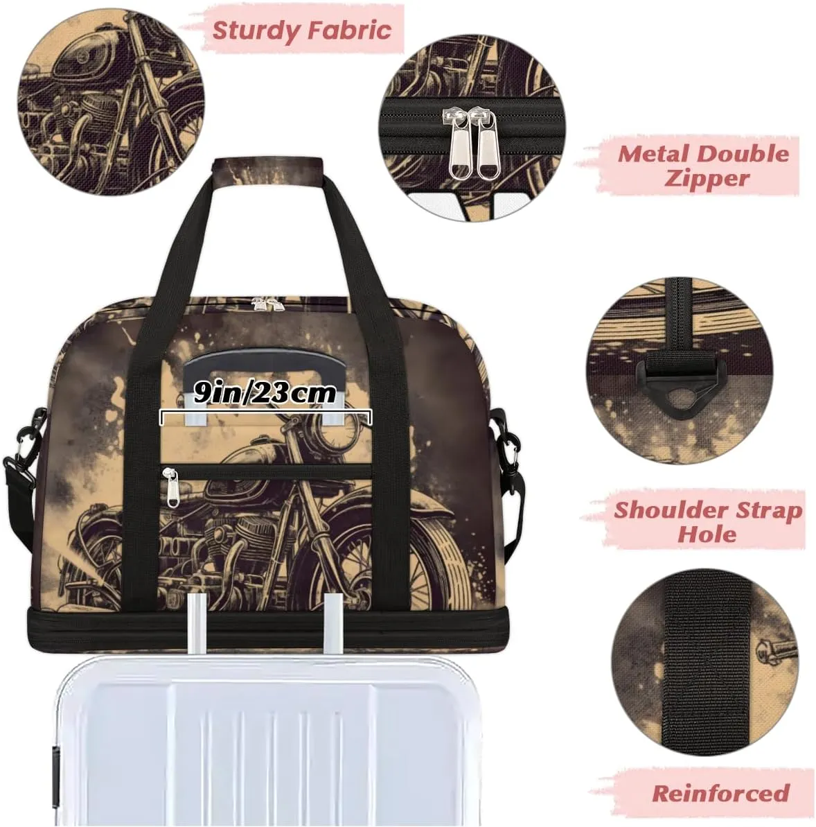 American Style Motorcycle Custom Foldable Duffle Bag with Shoes Compartment Personalized Large Capacity Waterproof Travel Weekender Bag Overnight Bag for Sports Gym