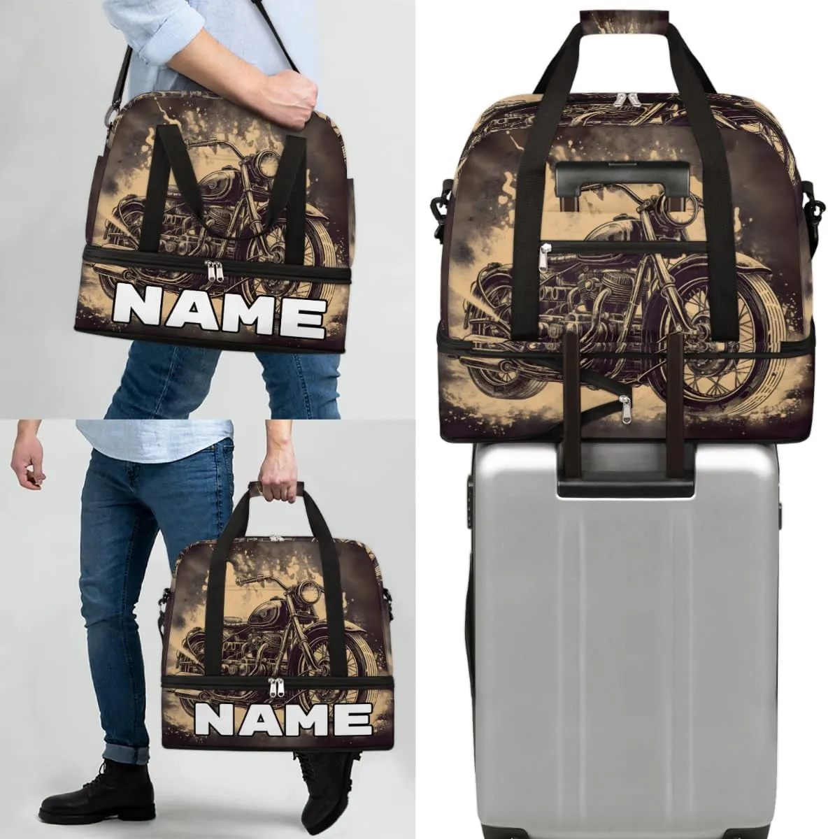 American Style Motorcycle Custom Foldable Duffle Bag with Shoes Compartment Personalized Large Capacity Waterproof Travel Weekender Bag Overnight Bag for Sports Gym