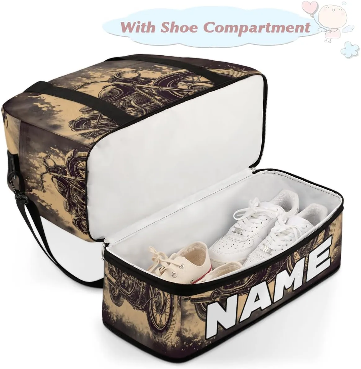 American Style Motorcycle Custom Foldable Duffle Bag with Shoes Compartment Personalized Large Capacity Waterproof Travel Weekender Bag Overnight Bag for Sports Gym