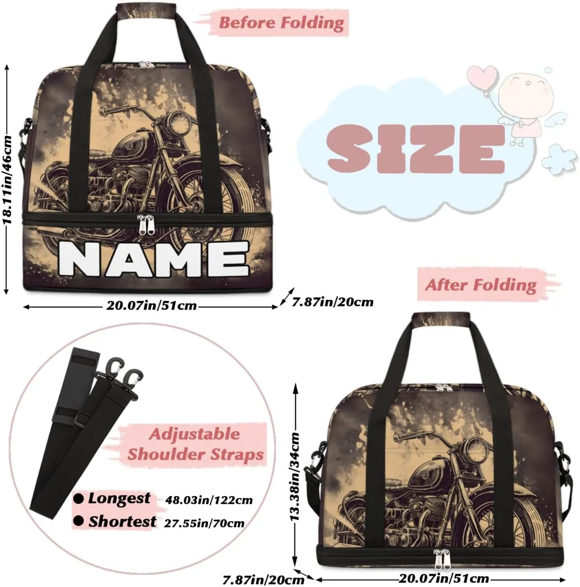 American Style Motorcycle Custom Foldable Duffle Bag with Shoes Compartment Personalized Large Capacity Waterproof Travel Weekender Bag Overnight Bag for Sports Gym