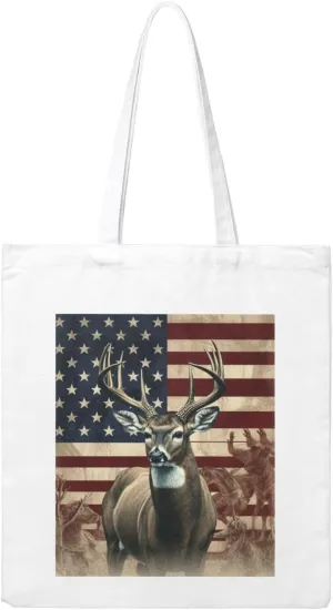 Americana Flag Deer Large Canvas Tote Bag Cute Travel Shoulder Bag Reusable Washable Shopping Grocery Bags For Women Men